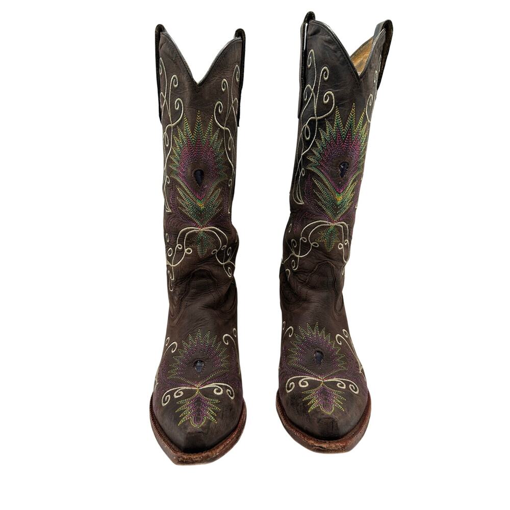 Tony Lama Women's Espresso  Western leather cowgirl boots peacock feather SZ 8 - Picture 5 of 9